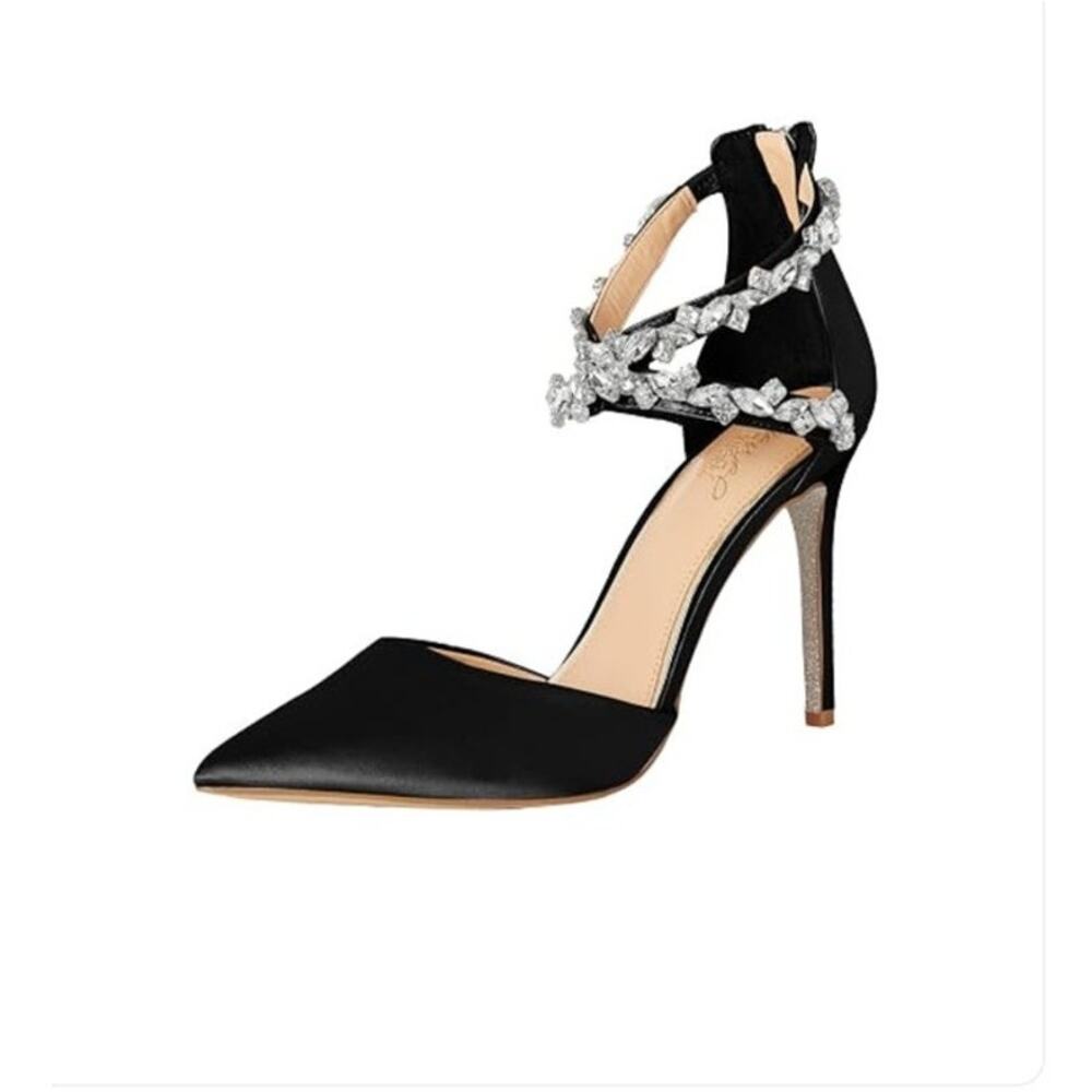 Jewel Badgley Mischka Jazmine Black Satin Rhinestone Pumps Size 10